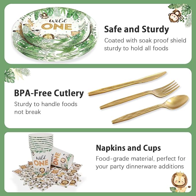 175 Pcs Wild One Birthday Decorations Plates Set 25 Guests, Safari Jungle Baby Shower Theme Paper Plates Napkins Cups Cutlery Set Boys First 1st Party Supplies