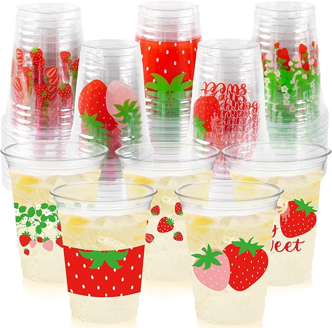 50Pcs Strawberry Party Decoration Cups, 12 OZ Disposable Plastic Strawberry Cups for Berry First Birthday Party Decor Supplies