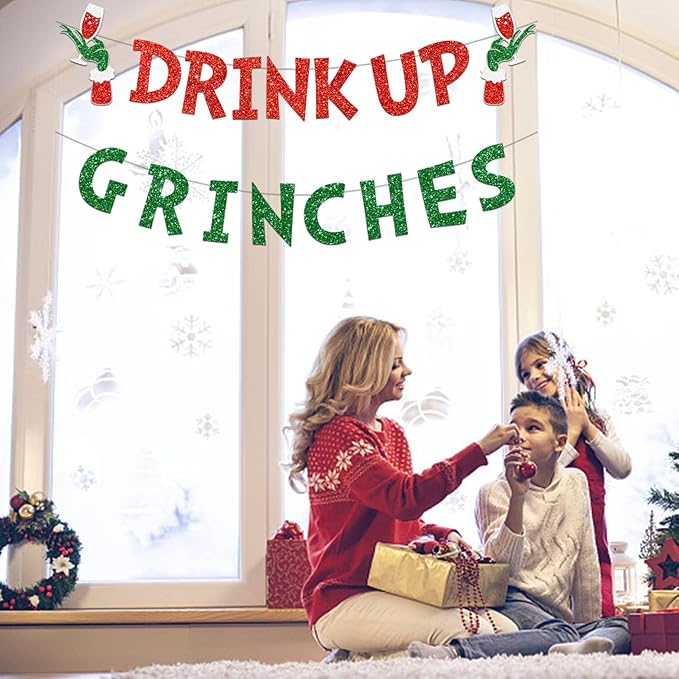 Drink Up Grinches Banner, Glittery Christmas Decorations Banners Winter Holiday Garland Photo Props Banner for Party Home Decorations