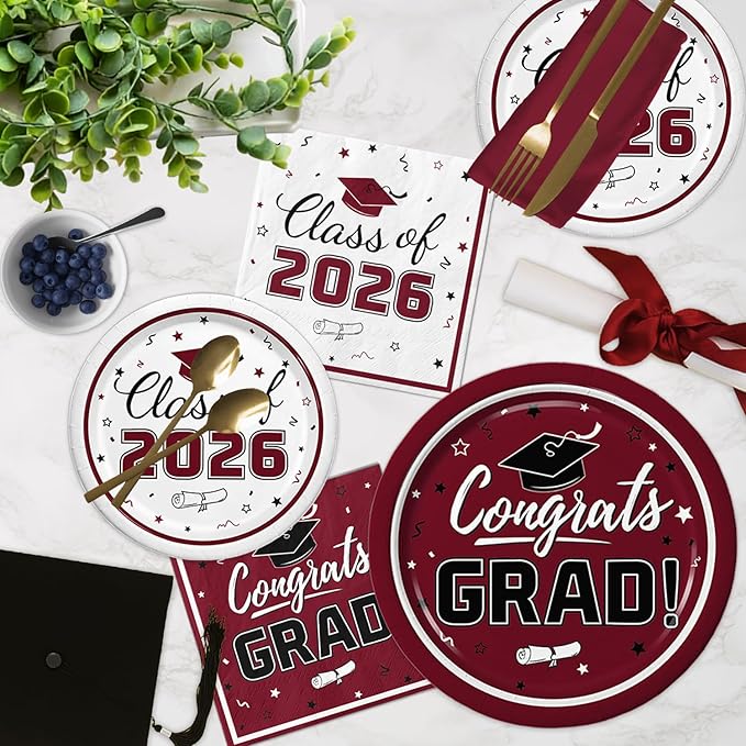 Graduation Maroon Party Supplies Kit Dinner Plates Dessert Plates and Napkins for Congrats Grad Party Decorations, Serves 50
