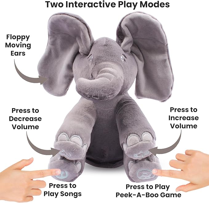 Dimple Emery Peek A Boo Elephant Toy, Interactive Singing Stuffed Elephant Plush with Moving Ears, Musical Stuffed Animal for Babies and Toddlers, Adorable Baby Toy - Adorable Gift for Grandchild
