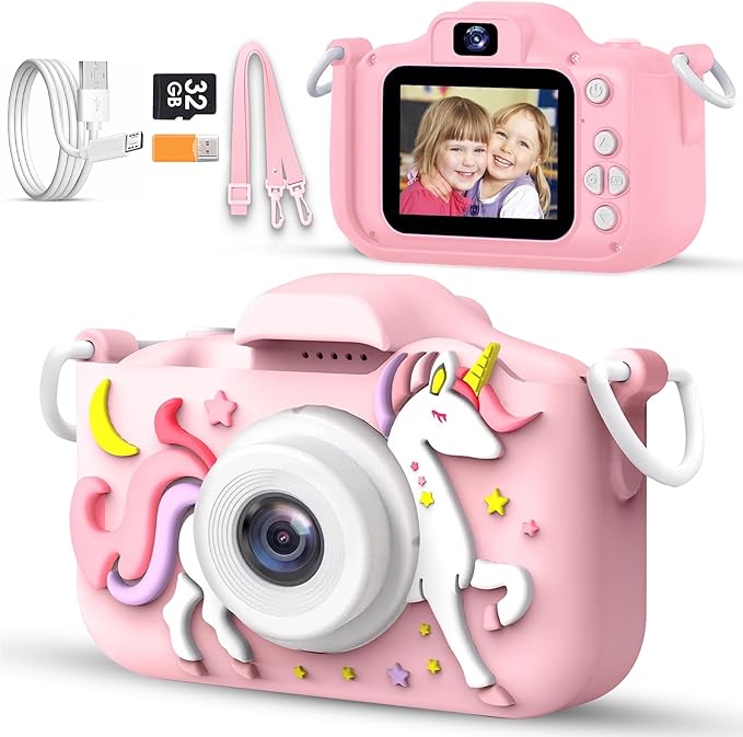 Unicorn Kids Camera for Girls Age 3-12, Selfie Camera for Girls, 1080P HD Kids Video Camera – Christmas Birthday Gift for 3 4 5 6 7 8 Year Old, Toy Digital Camera for Toddlers with 32GB SD Card – Pink