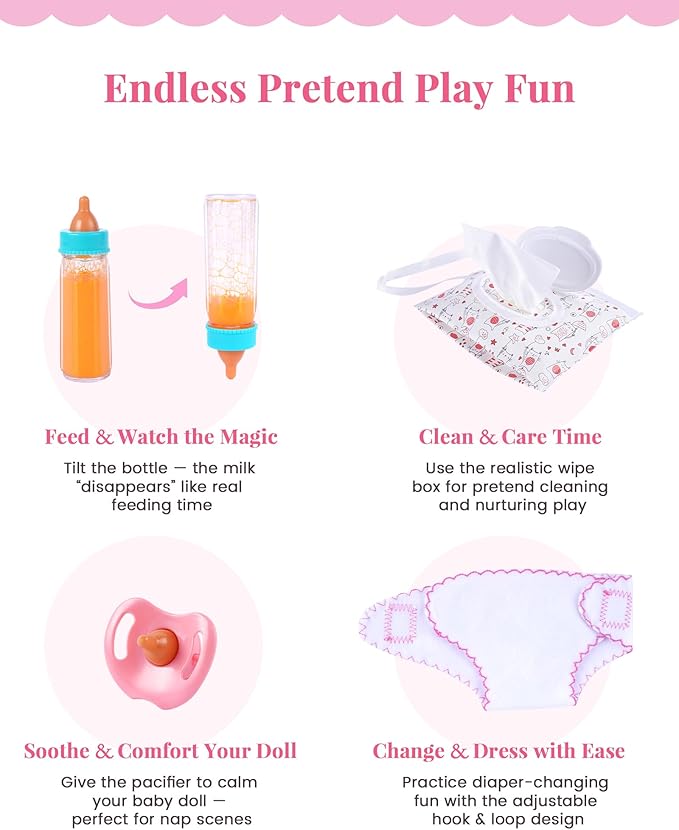 BABESIDE 8 Pcs Baby Diaper Bag Set with Magic Bottles, Baby Doll Accessories Includes Changing Mat, Diaper,Pacifier,Tissue Bag and Bottle with Disappearing Milk for 12-16 inches Dolls