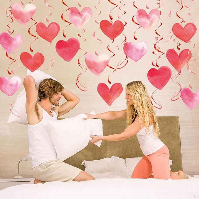 Red Pink Heart Hanging Swirl Decorations, Foil Ceiling Hanging Whirls for Valentines Day Decorations Galentines Birthday Engagement Wedding Party Supplies 24 Pcs