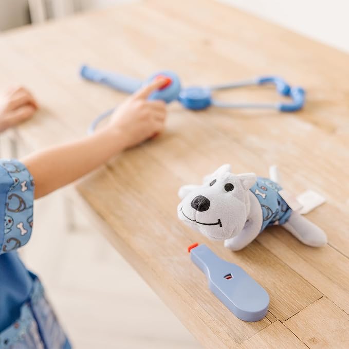 Melissa & Doug Veterinarian Role Play Costume Dress-Up Set, Kids Vet Pretend Play Outfit with Plush Dog, Electronic Stethoscope & Animal Doctor Toys for Kids 3+