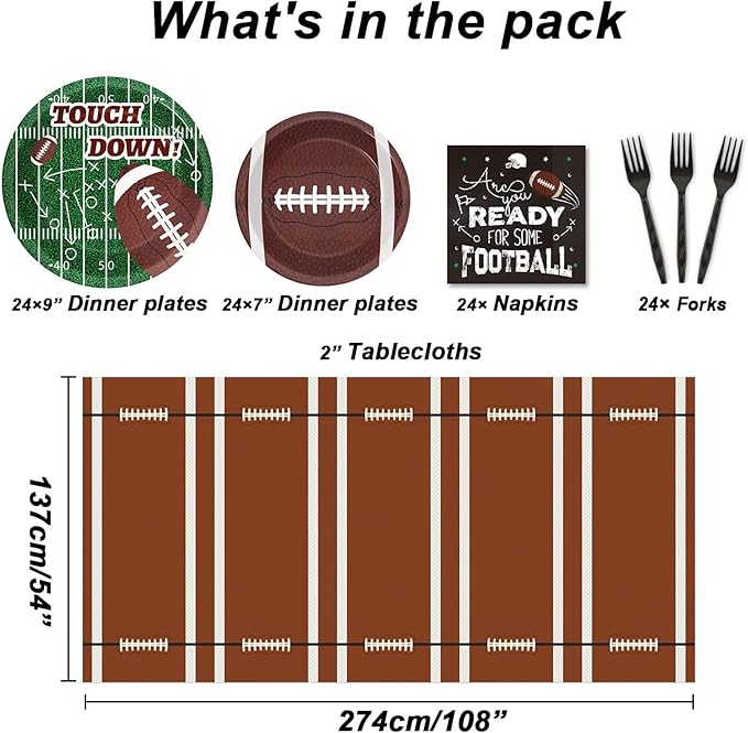 98 Piece Football Birthday Party Supplies for 24 Guests - Touchdown Game Day Tableware Sets with Tablecloths, Dinnerware, and Party Favors