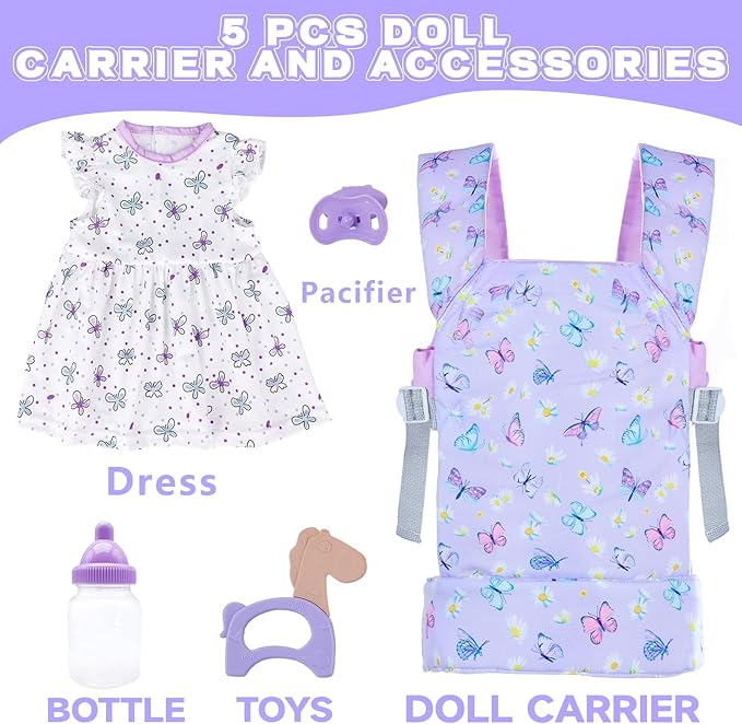 Baby Doll Carrier with Doll Accessories Doll Carrier for Kids, Reborn Doll Baby Carrier with Adjustable Straps for 16-22 Inch Baby Doll with Accessories, Purple