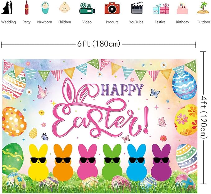 Happy Easter Banner Backdrop 6x4FT Spring Colorful Eggs Bunny Peeps Photography Background Easter Peeps Party Decorations Supplies Photo Props