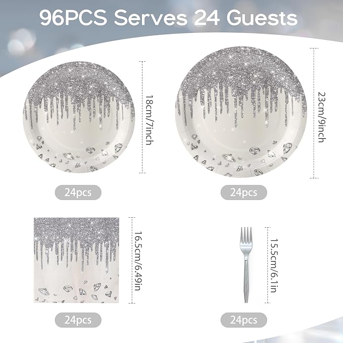 96Pcs Silver Diamonds Plates Party Supplies Glitter Paper Plates and Napkins and Forks Baby Shower Kids Birthday Party Decorations, Serves 24