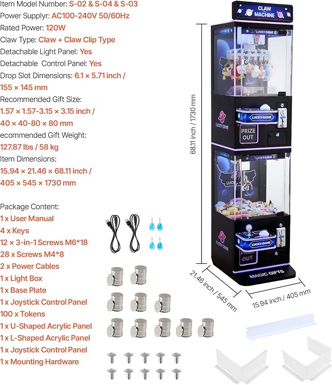 VEVOR Claw Crane Machine, Medium-Sized Arcade Game Machine with Claw + Grabber Double-Layer, Light & Sound, Toy Candy Grabber Prize Dispenser Vending Toy, for Commercial Home Cinema, Black Purple