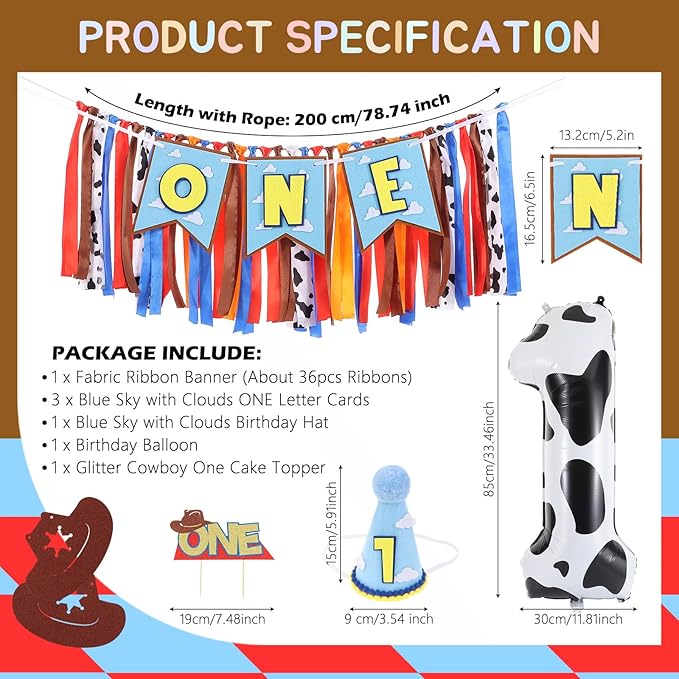 Cartoon Toy Highchair Banner for Baby First Birthday Party Decorations Blue Sky With Clouds High Chair Tassel Banner for Boys Girls Western Cowboy 1st Birthday Photo Props Backdrop Decoration