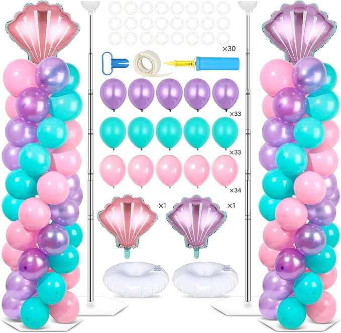 2 Sets Mermaid Party Balloon Column Stand Kit with 102 Balloons Beach Mermaid 5.57ft Adjustable Balloon Tower Stand with Bases Sea Shells Balloons Arch Column for Girl Princess Birthday Party Supplies