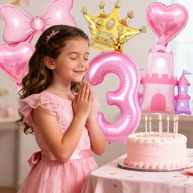 Princess Balloons for 3rd Birthday Decorations for Girls Pink Castle Balloons Large Pink Crown Number 3 Balloon for Princess Birthday Party Decor Supplies