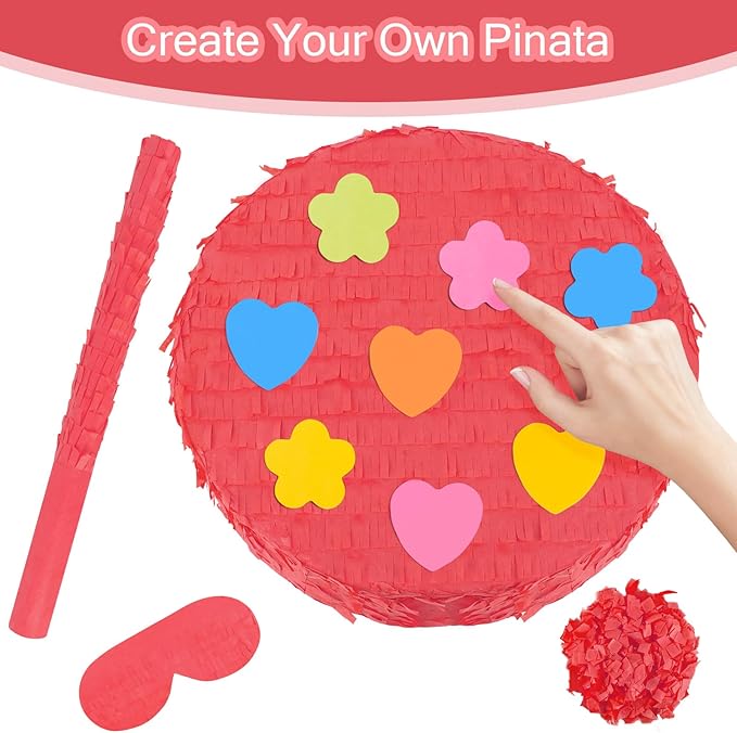 Red Round Pinata with Stick Blindfold and Confetti DIY Blank Pinata for Adults Kids Birthday Party Supplies Carnivals Thanksgiving Christmas Decorations