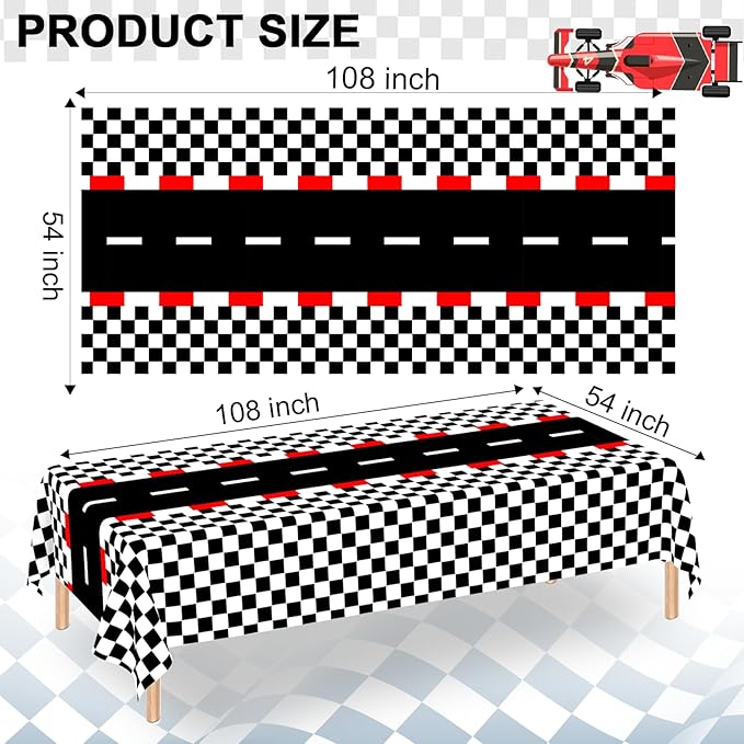 WNINK 4 Pack Racing Car Theme Rectangular Plastic Tablecloths, Car Disposable Table Covers 54" x 108" Black Checkered Flag Table Cloths for Race Car Birthday, Outdoor Picnic Parties Decorations