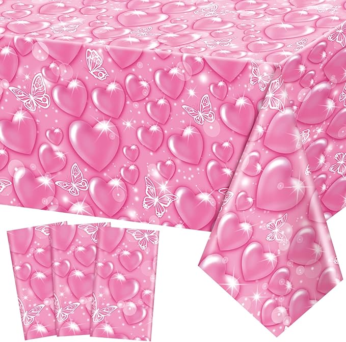 Peryiter 3 Pack 2000s Tablecloth Decorations Y2k Party Decarations Pink Table Cover Plastic Heart Butterfly Disposable Rectangle Tablecloth for Wedding Birthday Party Supplies 54 x 108 Inch