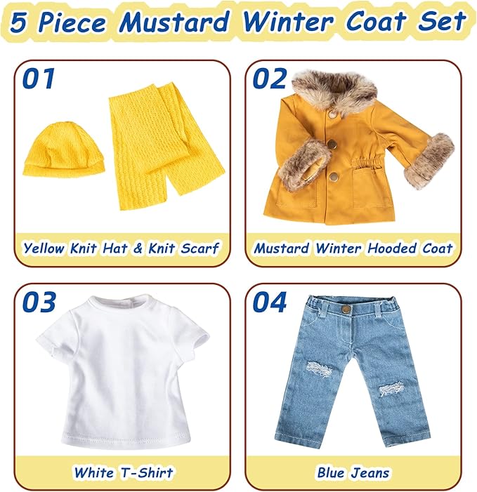 18 Inch Doll Clothes Set 5-PC Fashion Mustard Winter Coat Set Includes Warm Coat, Shirt, Jeans, Yellow Knit Hat & Knit Scarf, Outfits Casual Wear Fits American Girl,Our Generation Dolls