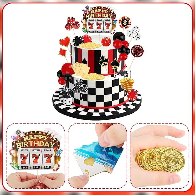 Hooqict 39 Pieces Casino Cake Decorations Set with Mini Slot Machine Dice Poker Birthday Cake Toppers & Cupcake Toppers for Las Vegas Casino Night Theme Party Decorations