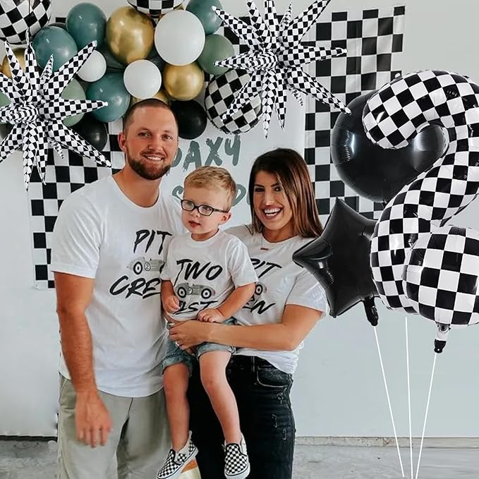TONIFUL 40 Inch Checkered 2nd Birthday Balloons Set Number 2 Race Car Black White Checkered Round Explosion Star Balloons Boys Race Car Themed Birthday Party Decoraction
