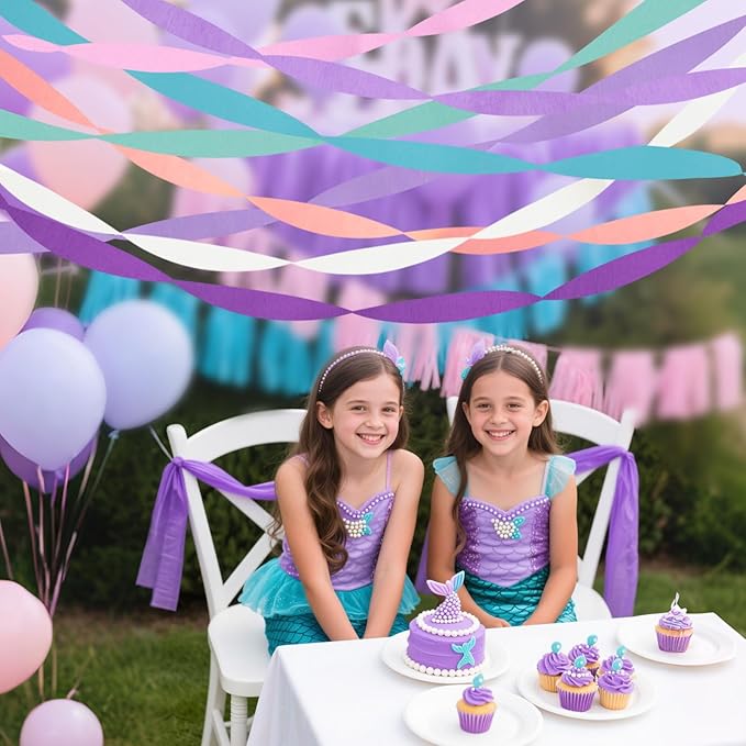 Streamers Party Decorations, 8 Rolls Crepe Paper with Purple, Blue, Mint and White Party Streamers for Mermaid Birthday, Winter Party Decorations, Baby Bride Shower,Wedding