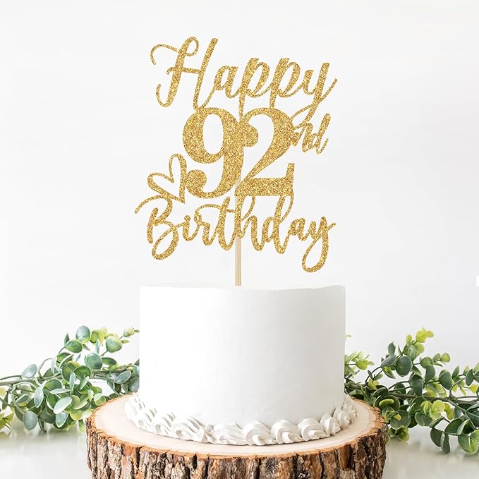 Happy 92nd Birthday Cake Topper - Cheers to 92 Years, Fabulous Gold Glitter Party Supplies