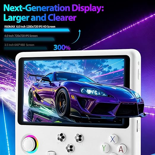 R60MAX Retro Handheld Game Console, 6.0 Inch HD IPS Screen, Retro Gaming Console Built-in 20000+Games, Portable Video Console, Linux System, Retro Game Consoles Ultra-Long Standby Time (White 128GB)