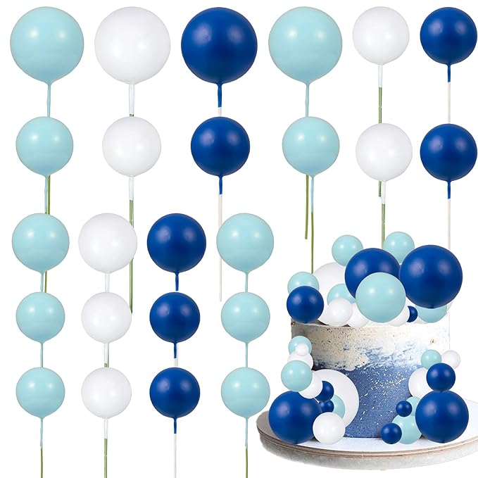 Gyufise 30Pcs Ball Cake Picks Colorful Ball Shaped Cake Topper Mini Balloons Pearl Balls Cupcake Picks Ball Cake Insert Topper for Birthday Party Wedding Decoration Supplies Blue White Dark Blue
