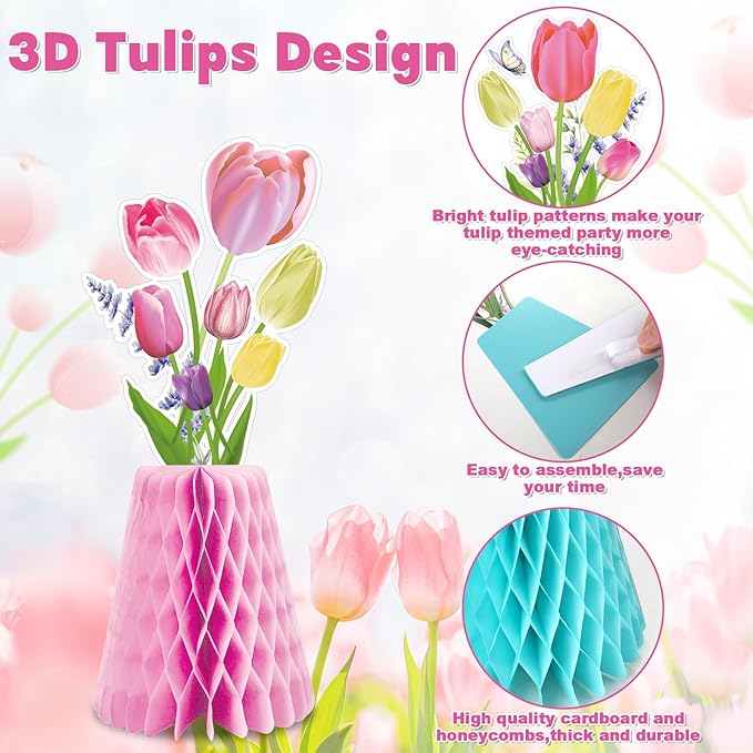 12pcs Tulip Honeycomb Centerpieces 3D Tulip Flower Party Decorations Spring Floral Honeycomb Centerpieces Decor Party Supplies for Spring Garden Wedding Birthday Mother's Day Baby Shower Decor