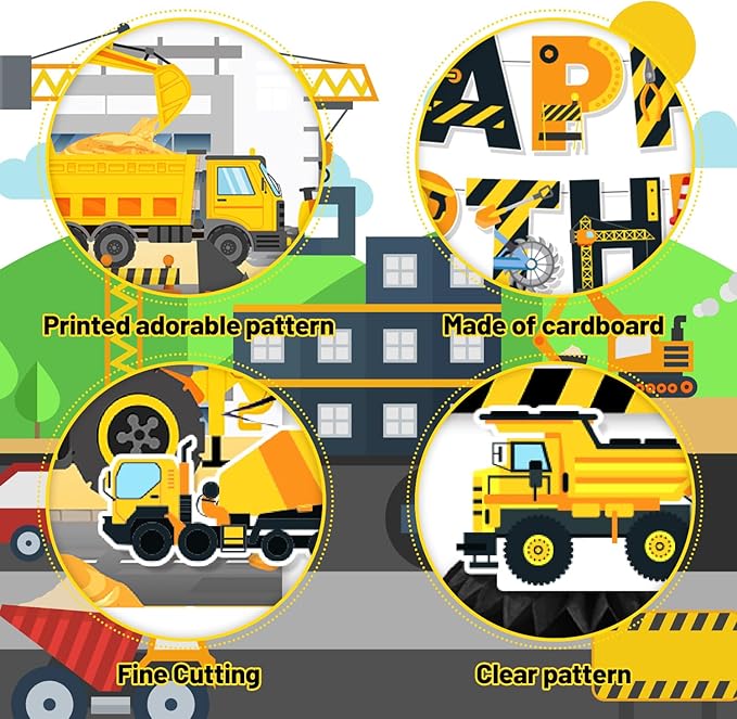 Construction Birthday Party Supplies & Decorations Kit with Excavator Banner, Backdrop, Hanging Swirls, Honeycomb Centerpieces for Kids Boys