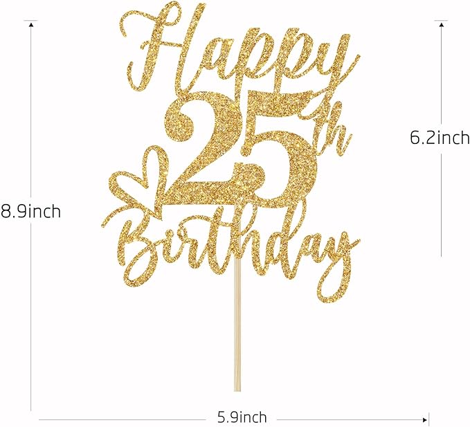 Gold Glitter Happy Birthday Cake Topper, Funny 25th Birthday Party Supplies