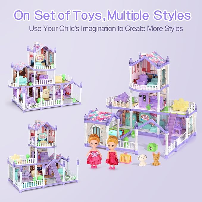 Princess Dollhouse Set, Lilac Purple Doll House with 9 Rooms on 3 Floors Includes 2 Dolls 2 Pets 12 Pieces of Furniture and Other Accessories, Prefect Gift for Girls Dreamy Dollhouse