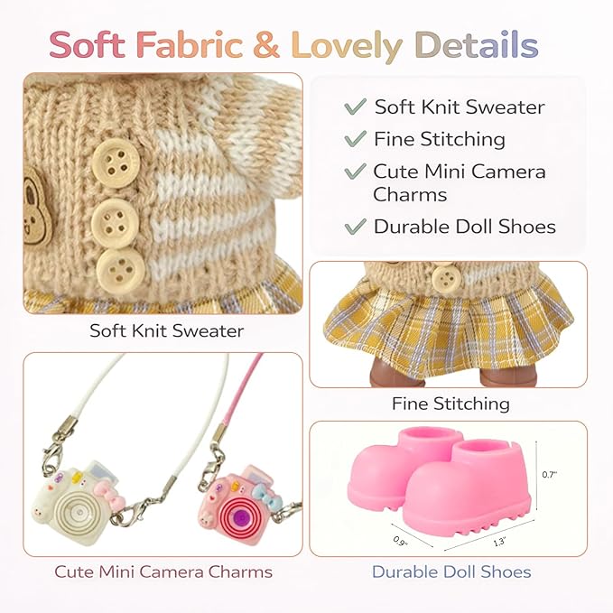17cm Doll Clothes Outfit Set, 5 Cozy Knit Outfits with Hats, Skirts, Shorts and Doll Accessories, Perfect for Play and Display, Doll Accessories for Collectors (No Dolls)