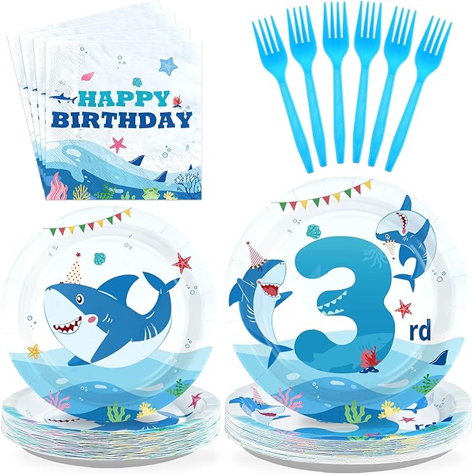 96Pcs Shark 3rd Birthday Party Supplies Blue Ocean Shark Plates and Napkins Under The Sea Tableware Set for Kids 3 Years Old Blue Ocean Theme Birthday Party Supplies，Serves 24