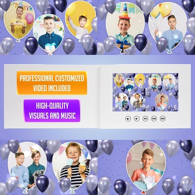 Custom Birthday Video Card for Boys – Playable Slideshow with Photos – Unique Tech Gift for Kids – 7” LCD Display, Rechargeable Battery, 4GB Built-in Memory