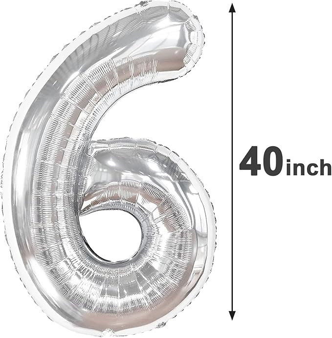 40 Inch Silver Mylar Foil Number 6 Birthday Balloon, Digital Balloons for 6 16 Boy Girl Party Decorations Supplies, Big Helium Balloon Numbers for 26 36 46 60 Men Women Anniversary