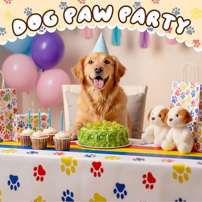 Newwiee 3 Pcs Puppy Paw Print Tablecloth Plastic Disposable Colorful Table Cover Dog Table Cloth 108 x 51'' Paw Print Party Supplies for Dog Pet Themed Party Decorations Favors (Red, Yellow, Blue)