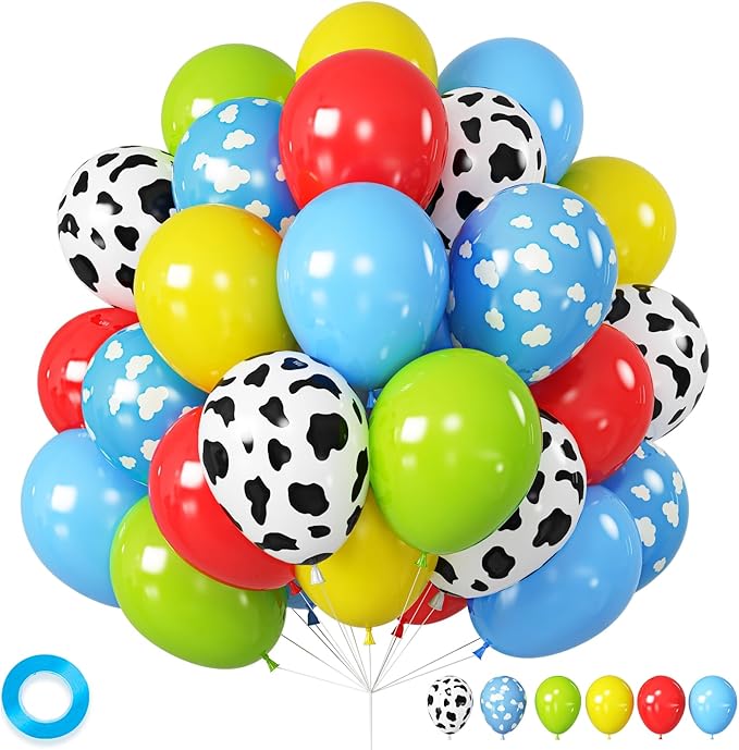Toy Kids Birthday Balloons, 12 Inch Red Yellow Blue balloons With Cow Print Sky Light Blue Cloud Balloon, Lime Green Balloon for Toy Birthday Decorations Boys Girls Party Decorations