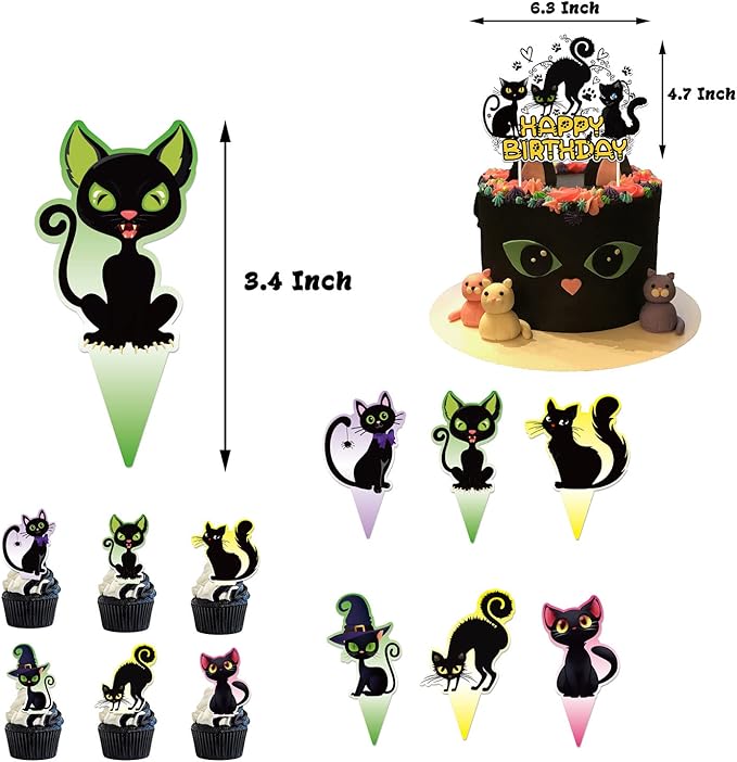 Cat Themed Party Decoration Black Cat Birthday Party Supplies Set Includes 5 x 3ft Black Cat Backdrops, Cat Happy Birthday Banner, Cake Topper, Cupcake Toppers, Balloons