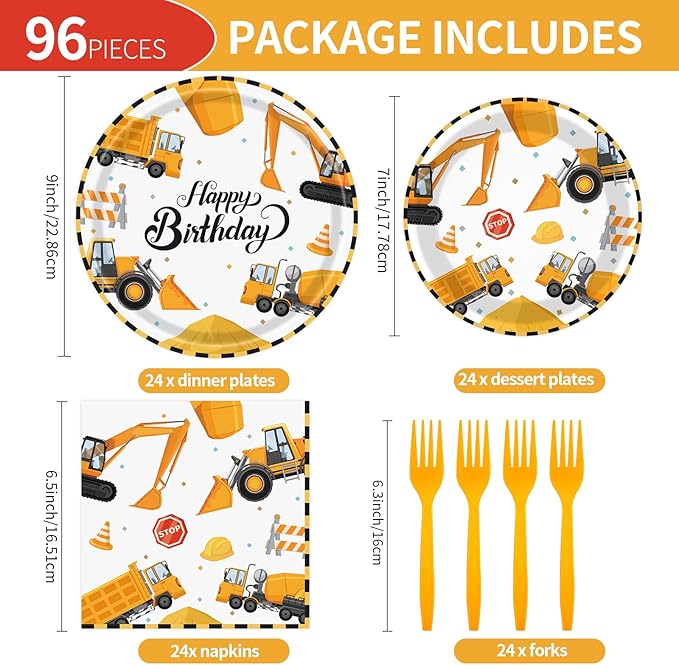 96 Pcs Construction Plates and Napkins Party Supplies, Construction Birthday Paper Plates Napkins and Forks Disposable Tableware Set for Kids Boys Birthday Party Decorations Serves 24