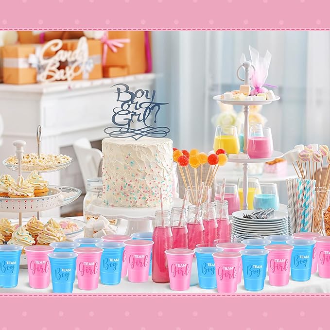 Norme 48 Pcs Gender Reveal Plastic Cups Gender Reveal Party Supplies Team Boy Team Girl Disposable Blue Pink Cups for Beverage Drink Tableware (16 oz)