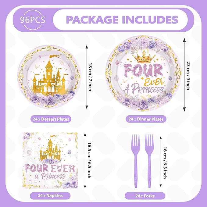 96 Pcs Princess Birthday Party Supplies Purple Four Ever a Princess Plates and Napkins Disposable Purple Castle 4th Tableware Set for Girls 4 Year Old Happy Birthday Party Decorations Serves 24