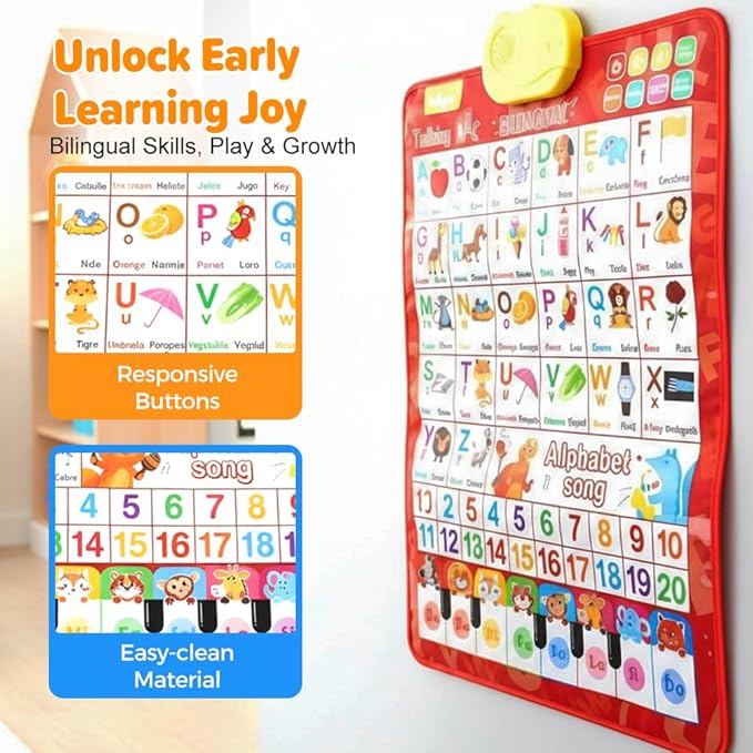 Bilingual Talking Wall Chart, 2026 New Interactive Learning Placard, Durable Alphabet Chart with Pictures and Sounds, Portable Early Education Toy for Home