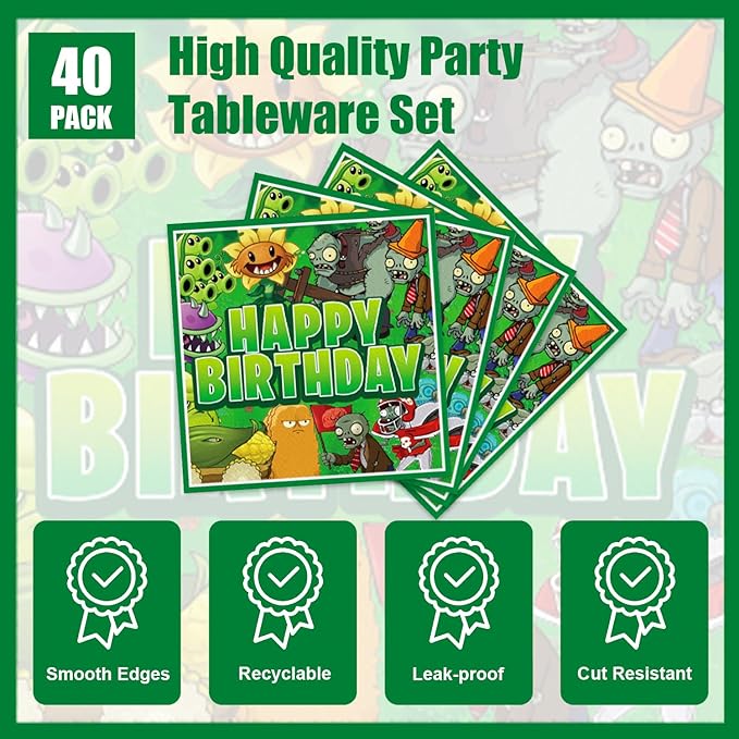 40Pack Plants Zombies Birthday Party Supplies include 20 plates, 20 napkins for Zombies Party Decoration Invitation Cards