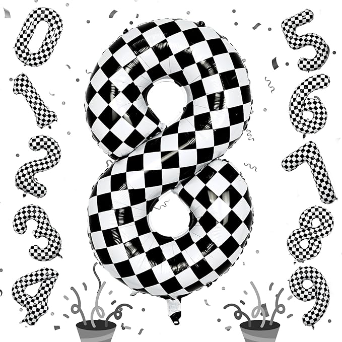 Foil 8th Birthday Number Balloon, Large Checkered Helium 8 Racing Balloons Decor, 40 Inch Self Inflating Black and White Number 8 Balloons for Boys Birthday Race Car Flag Party Decorations Supplies