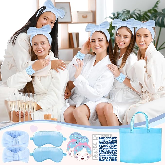 72 Pcs Blue Spa Sleepover Party Supplies for Girls With DIY Stickers And Greeting Card Pink Headband Wristbands Eye Mask Hair Scrunchie Tote Bag Sleeping Slumber Party Favors