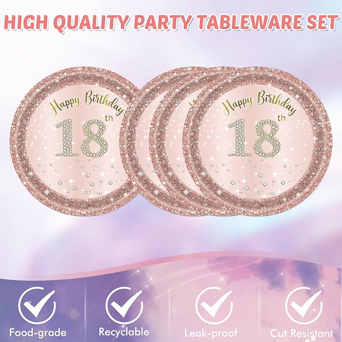 41Pcs 18th Birthday Decorations for Girls Her,Awesome Since 2008 Birthday Tableware Kit,Rose Gold Birthday Party Supplies Include Paper Plates and Napkins ,Tablecloth Set for Teen Princess Party