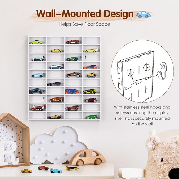 Toy Car Display Shelf, Holds 40 Diecast 1/64 Toys Car, Wall Mount Model Cars Storage Organize Case