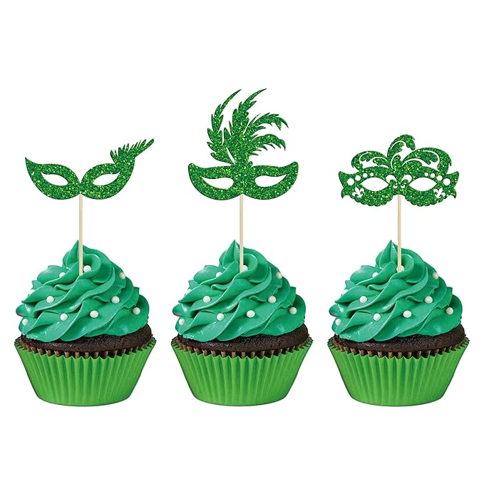 Gyufise 24Pcs Masquerade Masks Cupcake Toppers Green Glitter Bachelorette Party Mask Cupcake Food Fruit Picks Masquerade Mardi Gras Party Baby Shower Birthday Party Cake Decorations