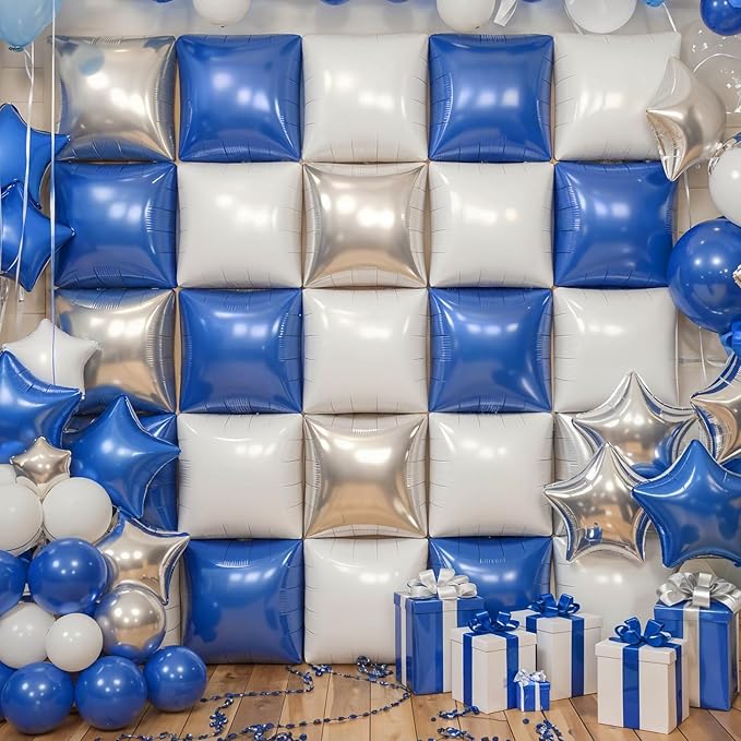 Blue Silver White Square Foil Balloon Wall,25Pcs Double Sided Foil Balloons Backdrop Helium Polyester Tunnel Arch Garland Kit for Birthday Bridal Anniversary Baby Shower Party Decorations