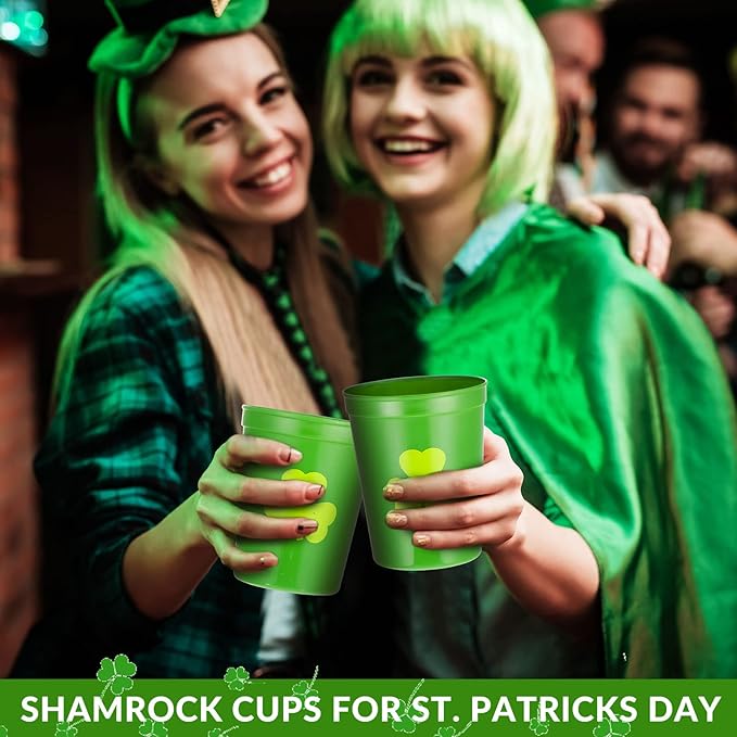 Patelai 32 Pcs St Patricks Day Party Plastic Cups Bulk 16 oz Reusable Lucky Shamrock Cups for St Patricks Day Party Adults Drink Snacks Irish Festival Favors Supplies(Green)